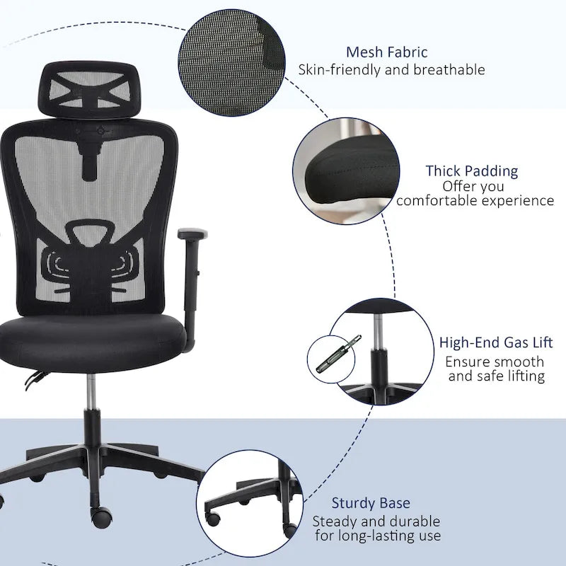 Chaise de bureau ergonomique en filet à dossier haut avec soutien lombaire et appui-tête réglable noir