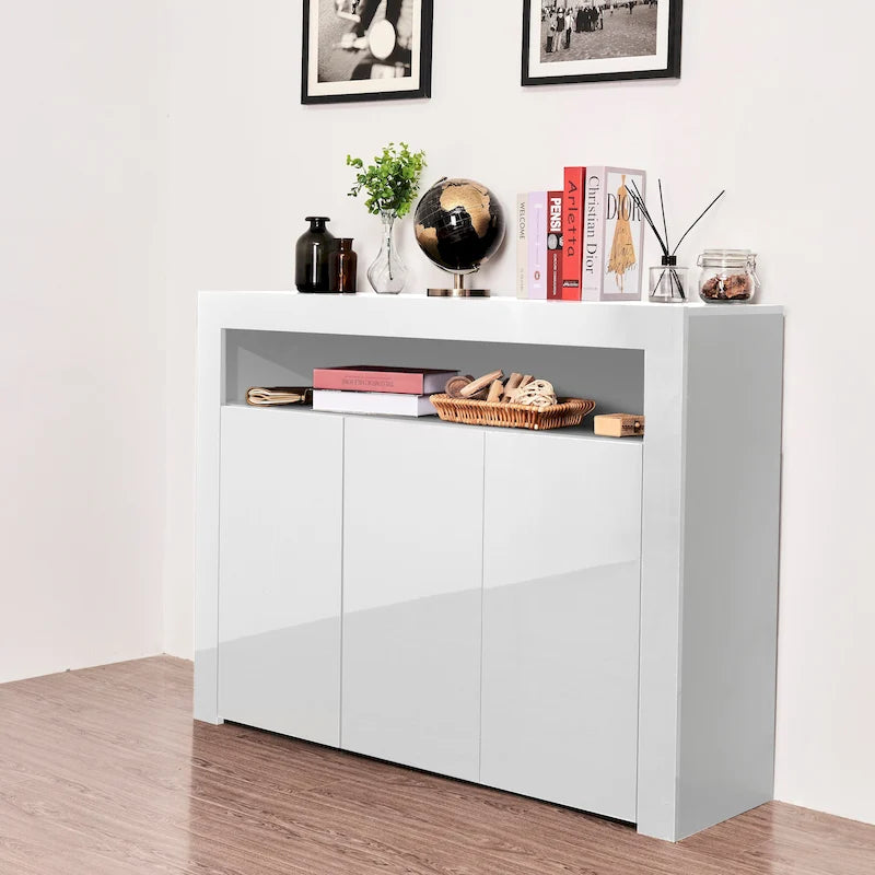 Meuble de rangement buffet 3 portes avec LED, finition brillante, étagère ouverte, blanc gris noir