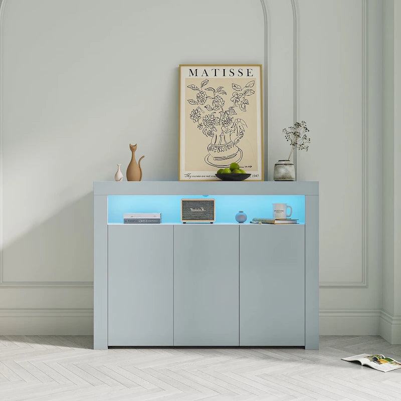 Meuble de rangement buffet 3 portes avec LED, finition brillante, étagère ouverte, blanc gris noir