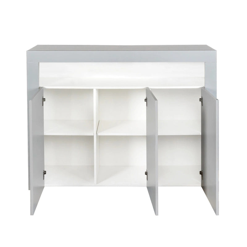 Meuble de rangement buffet 3 portes avec LED, finition brillante, étagère ouverte, blanc gris noir