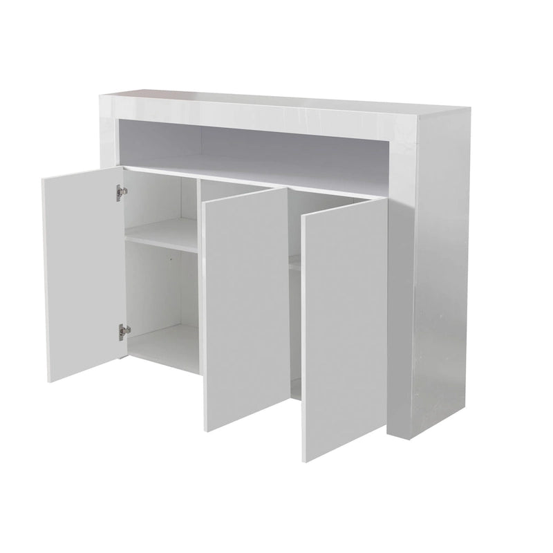 Meuble de rangement buffet 3 portes avec LED, finition brillante, étagère ouverte, blanc gris noir