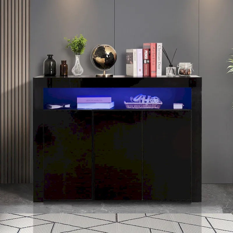Meuble de rangement buffet 3 portes avec LED, finition brillante, étagère ouverte, blanc gris noir