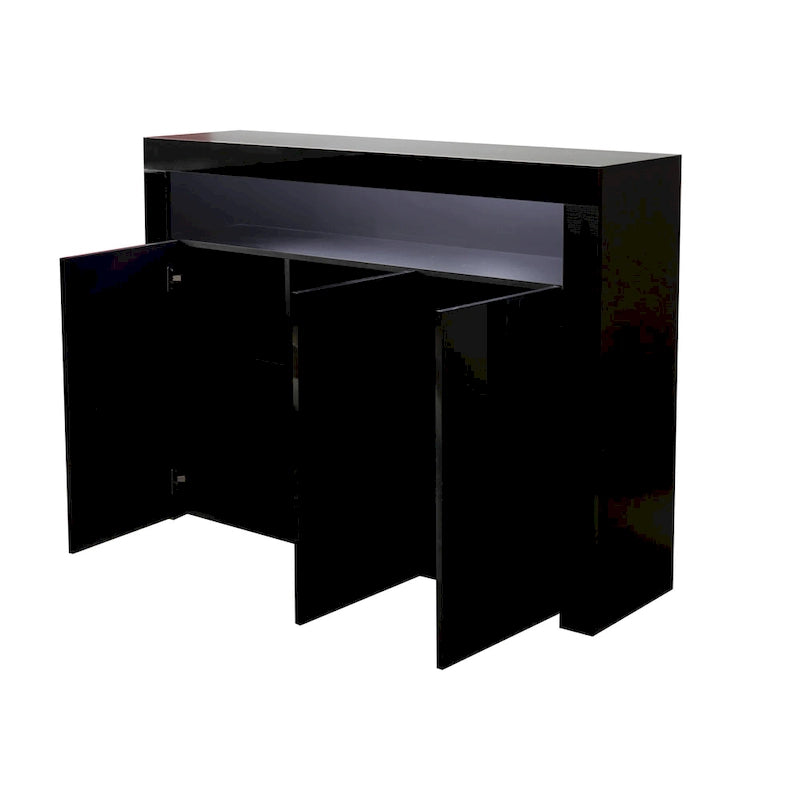 Meuble de rangement buffet 3 portes avec LED, finition brillante, étagère ouverte, blanc gris noir