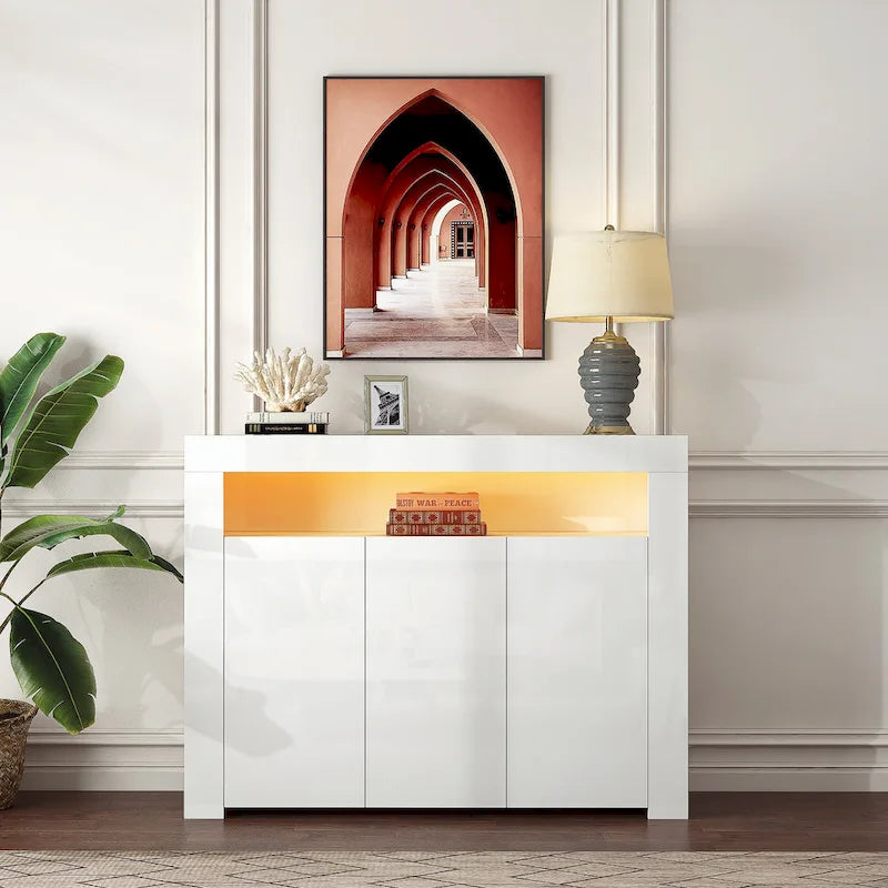 Meuble de rangement buffet 3 portes avec LED, finition brillante, étagère ouverte, blanc gris noir