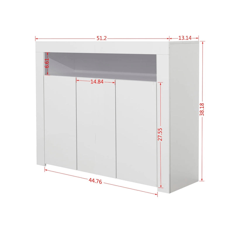 Meuble de rangement buffet 3 portes avec LED, finition brillante, étagère ouverte, blanc gris noir