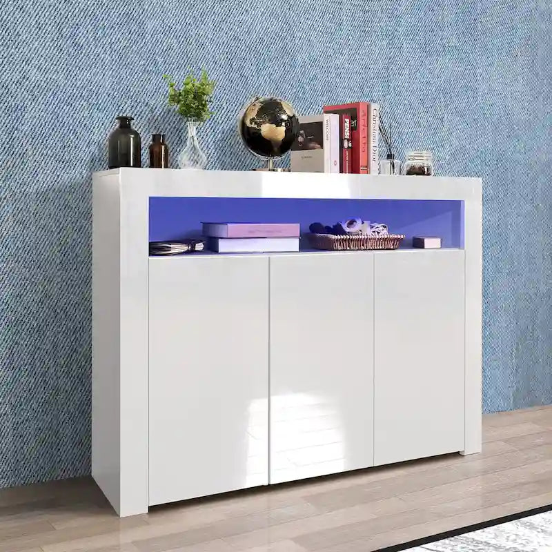 Meuble de rangement buffet 3 portes avec LED, finition brillante, étagère ouverte, blanc gris noir