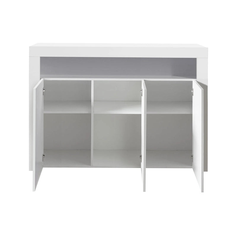 Meuble de rangement buffet 3 portes avec LED, finition brillante, étagère ouverte, blanc gris noir