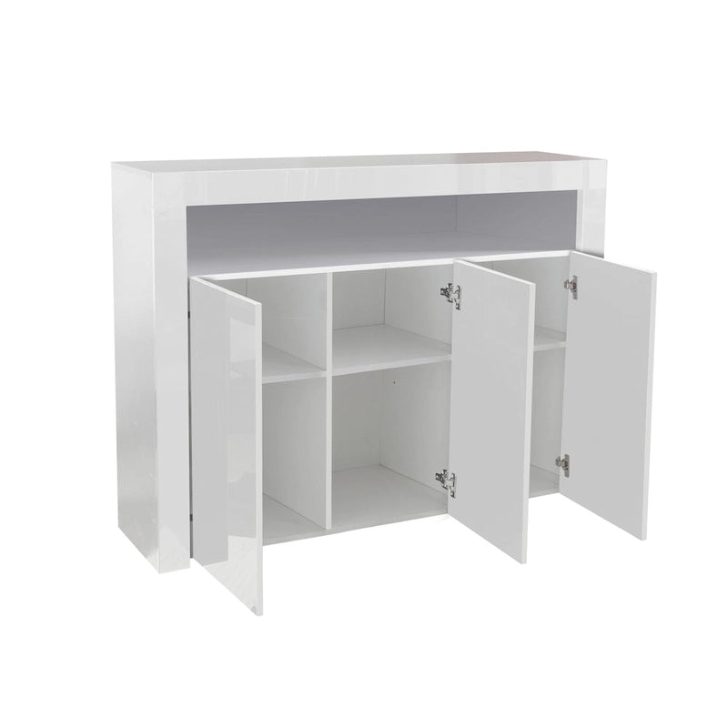 Meuble de rangement buffet 3 portes avec LED, finition brillante, étagère ouverte, blanc gris noir
