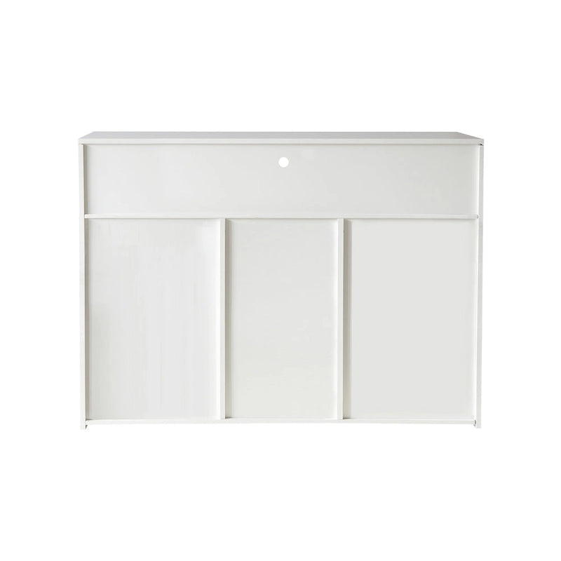 Meuble de rangement buffet 3 portes avec LED, finition brillante, étagère ouverte, blanc gris noir