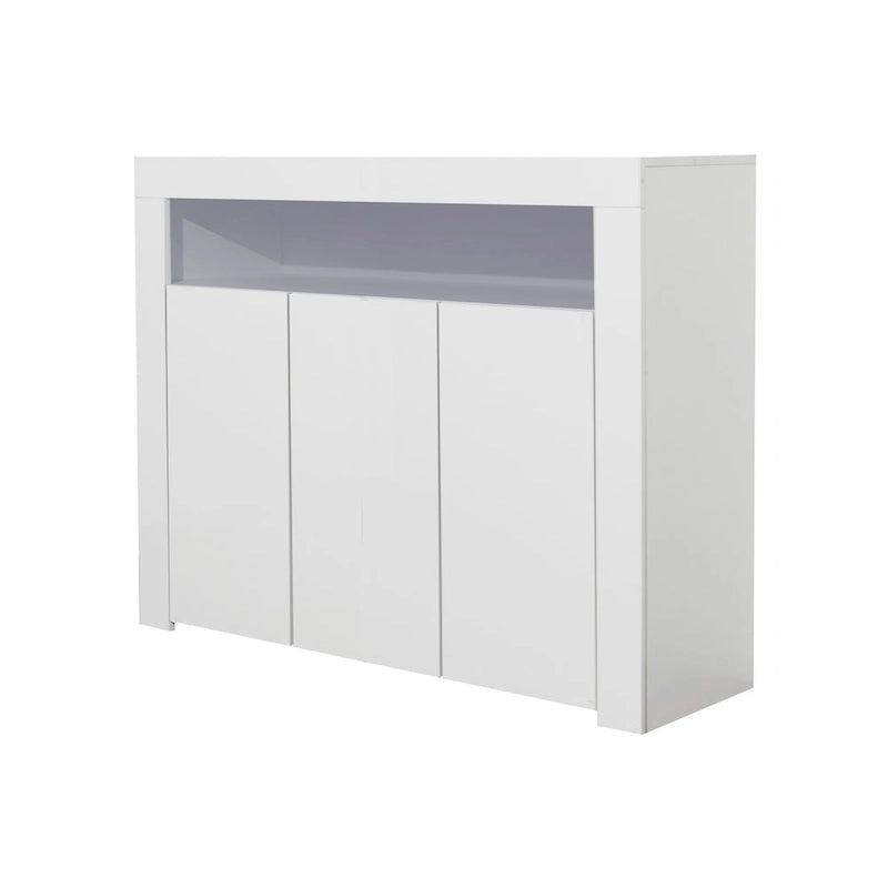 Meuble de rangement buffet 3 portes avec LED, finition brillante, étagère ouverte, blanc gris noir