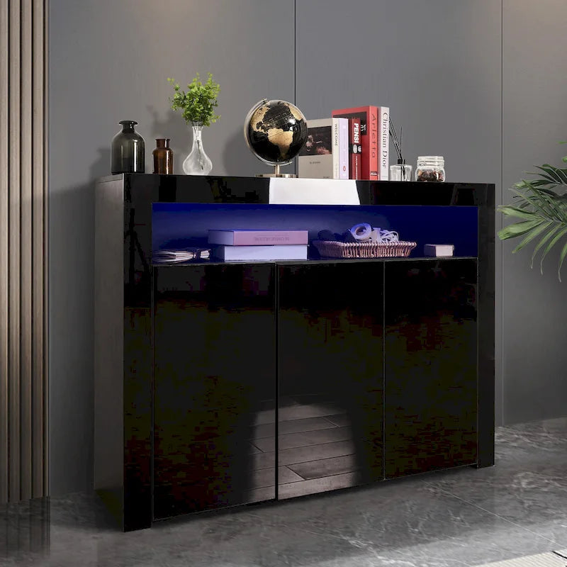 Meuble de rangement buffet 3 portes avec LED, finition brillante, étagère ouverte, blanc gris noir