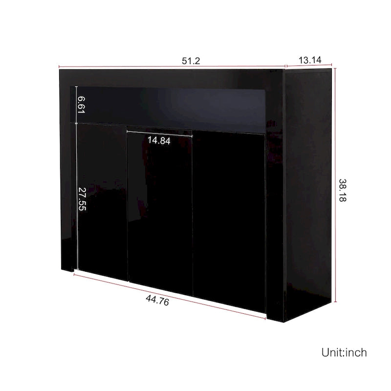 Meuble de rangement buffet 3 portes avec LED, finition brillante, étagère ouverte, blanc gris noir