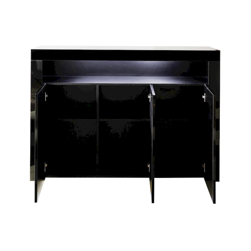 Meuble de rangement buffet 3 portes avec LED, finition brillante, étagère ouverte, blanc gris noir