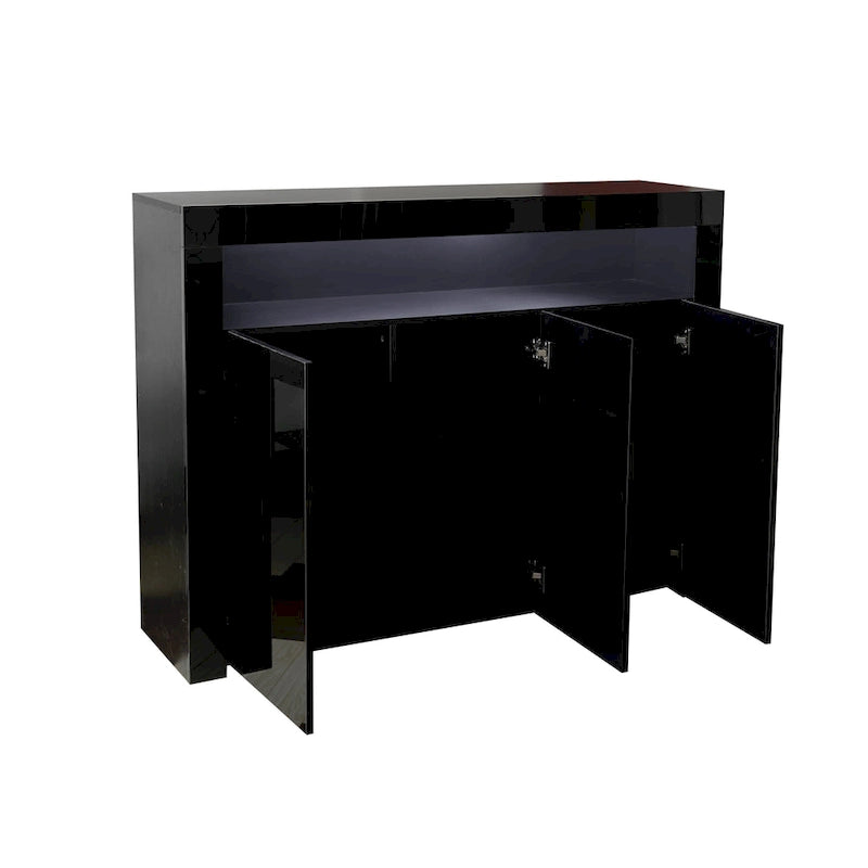 Meuble de rangement buffet 3 portes avec LED, finition brillante, étagère ouverte, blanc gris noir