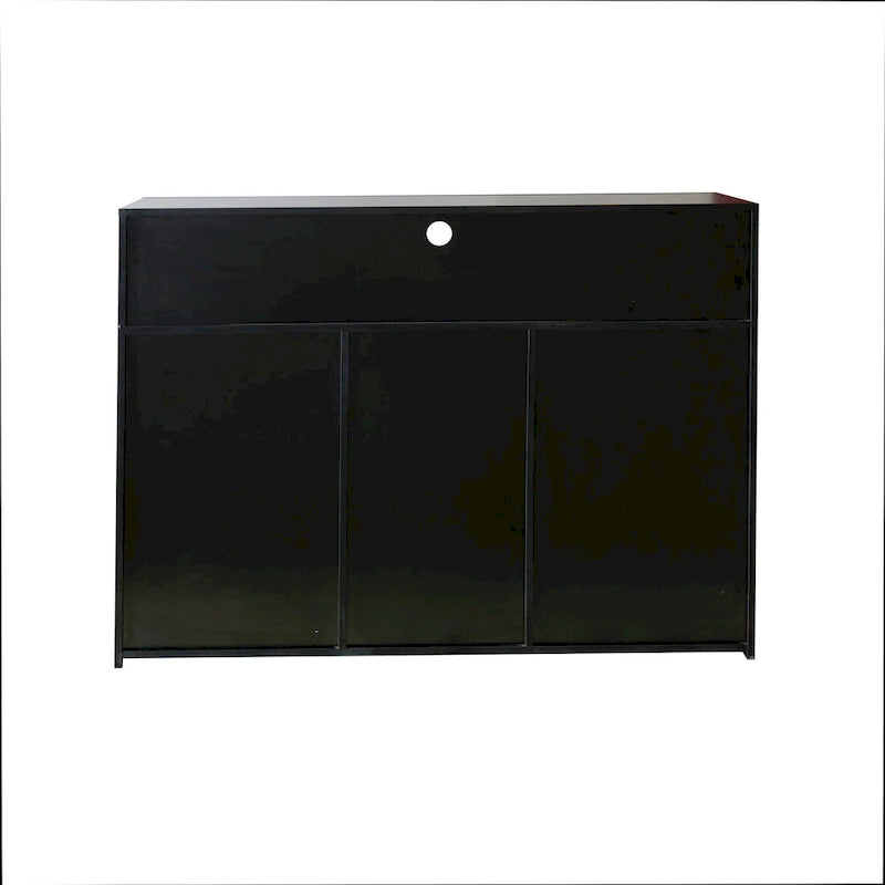 Meuble de rangement buffet 3 portes avec LED, finition brillante, étagère ouverte, blanc gris noir