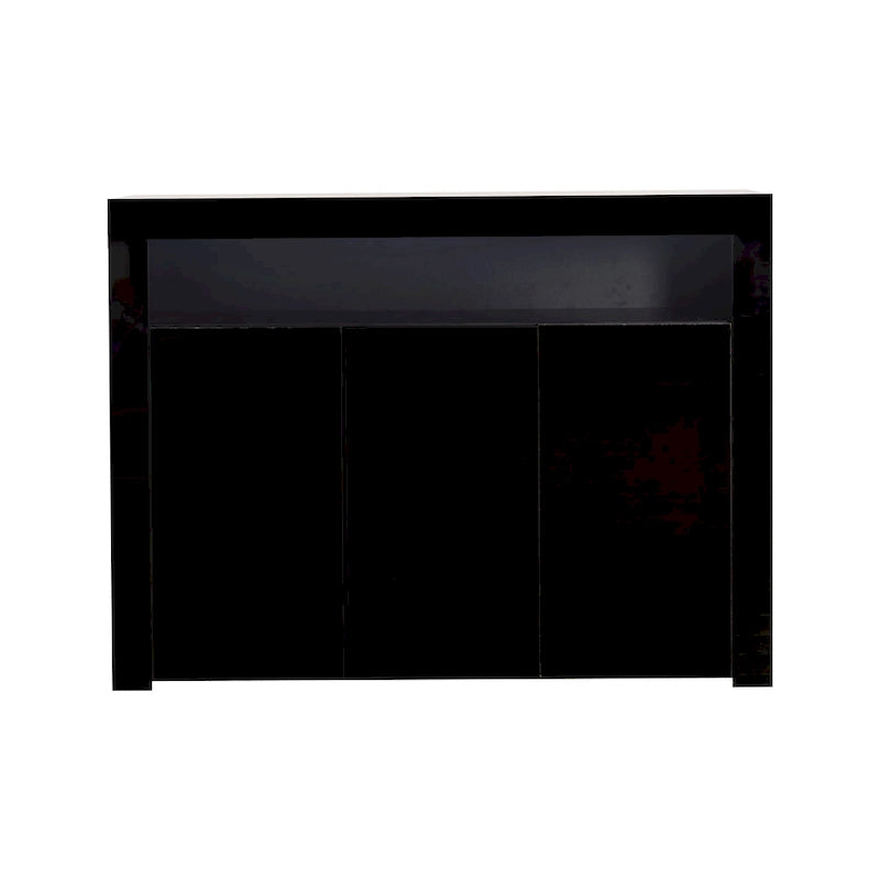 Meuble de rangement buffet 3 portes avec LED, finition brillante, étagère ouverte, blanc gris noir