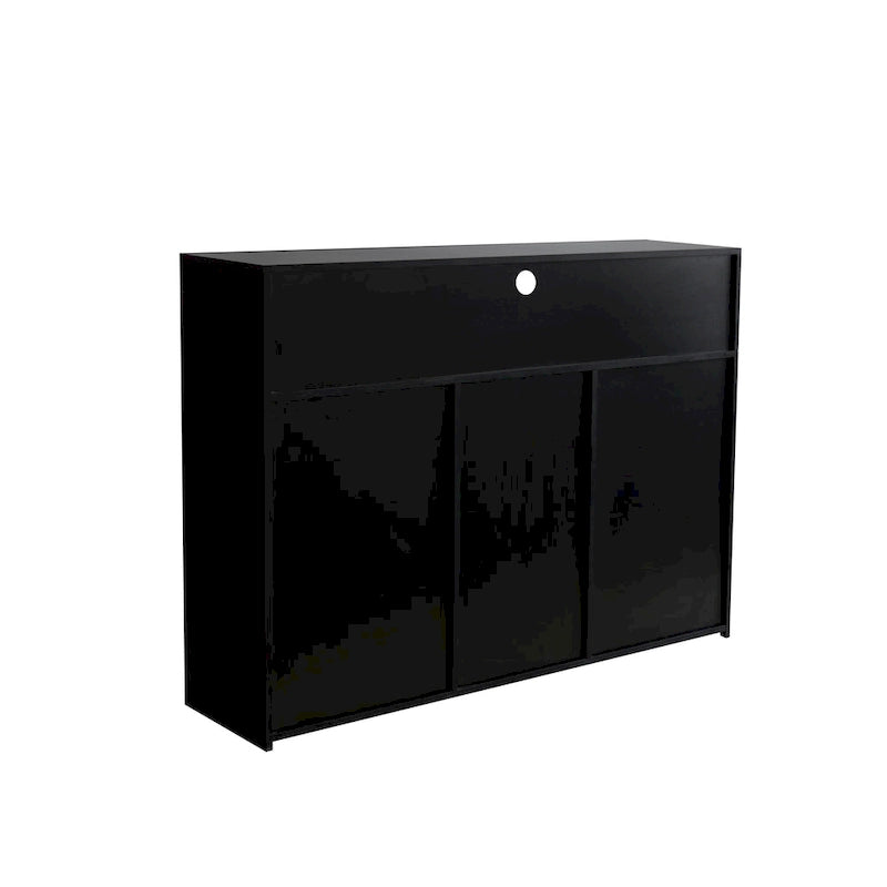Meuble de rangement buffet 3 portes avec LED, finition brillante, étagère ouverte, blanc gris noir