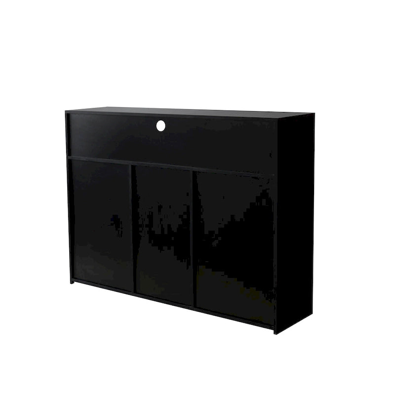 Meuble de rangement buffet 3 portes avec LED, finition brillante, étagère ouverte, blanc gris noir