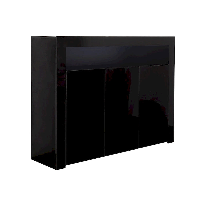 Meuble de rangement buffet 3 portes avec LED, finition brillante, étagère ouverte, blanc gris noir
