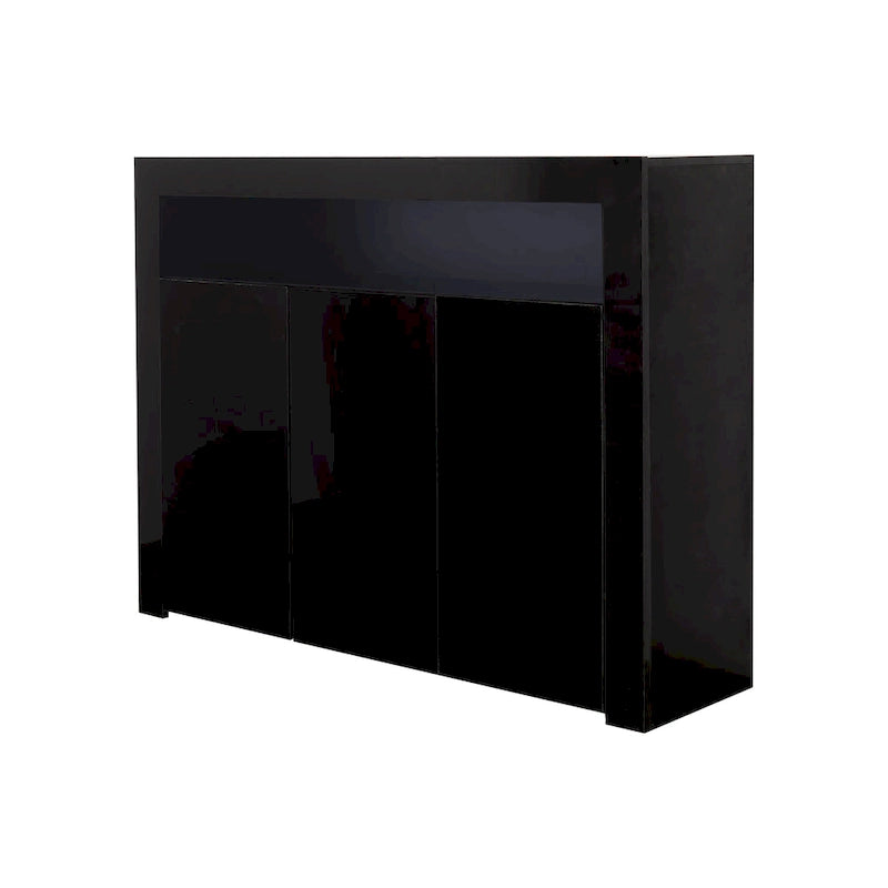 Meuble de rangement buffet 3 portes avec LED, finition brillante, étagère ouverte, blanc gris noir