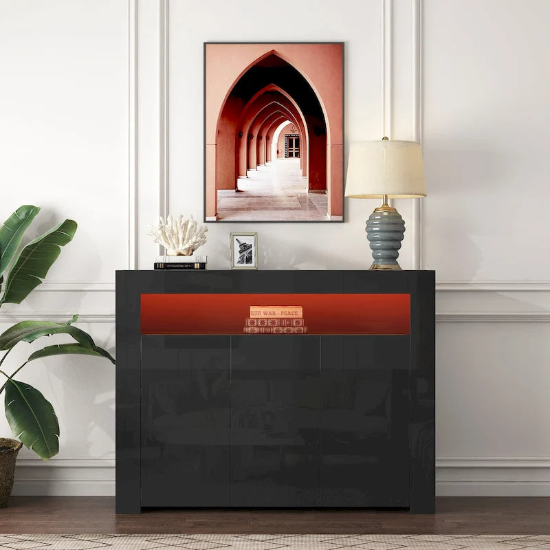 Meuble de rangement buffet 3 portes avec LED, finition brillante, étagère ouverte, blanc gris noir