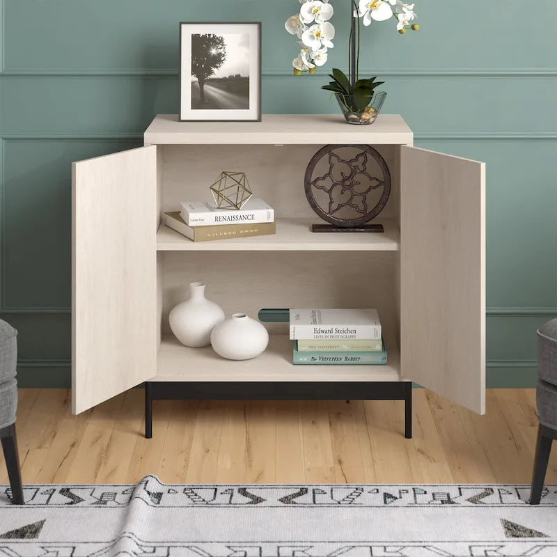 Meuble d'appoint rectangulaire avec portes texturées et pieds en métal blanc
