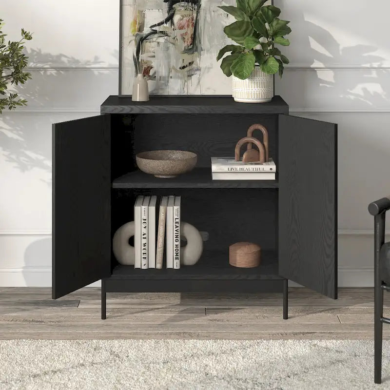 Meuble d'appoint rectangulaire avec portes texturées et pieds en métal blanc