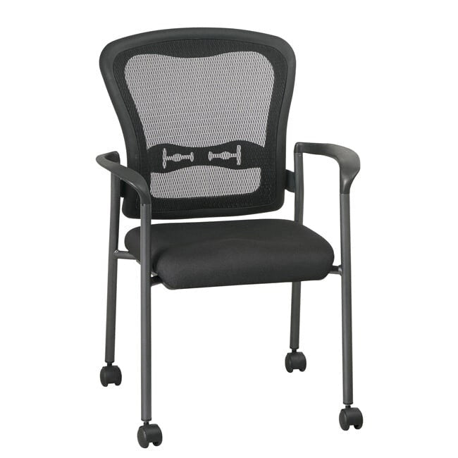 Chaise visiteur empilable en maille noire avec support lombaire et roulettes