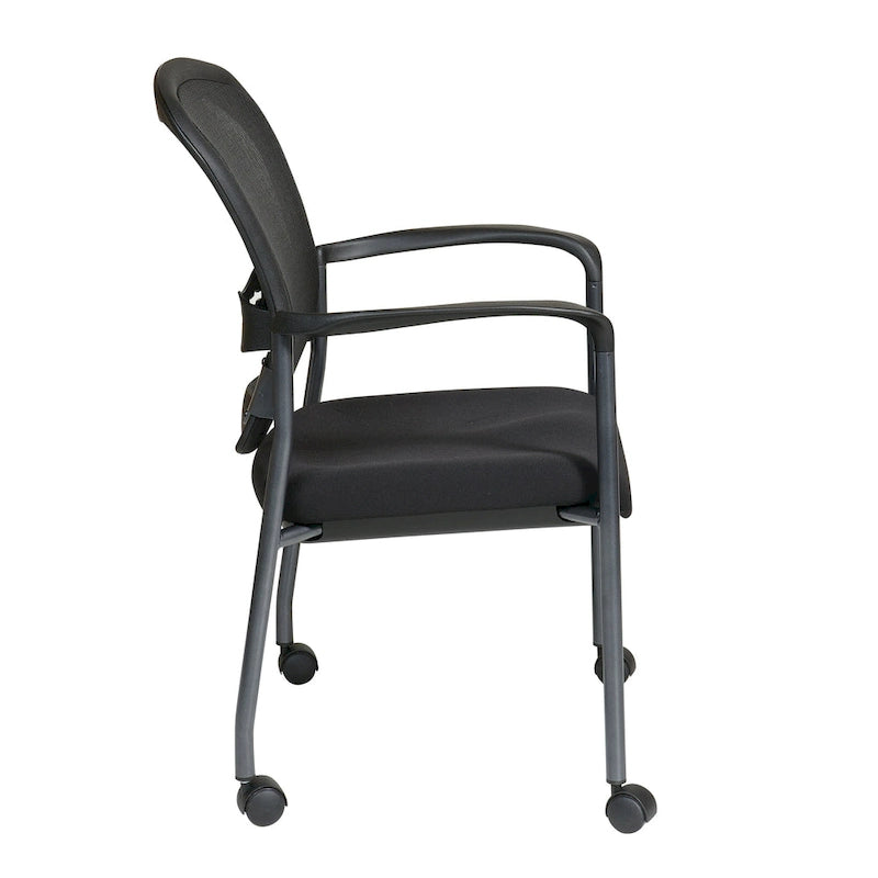 Chaise visiteur empilable en maille noire avec support lombaire et roulettes