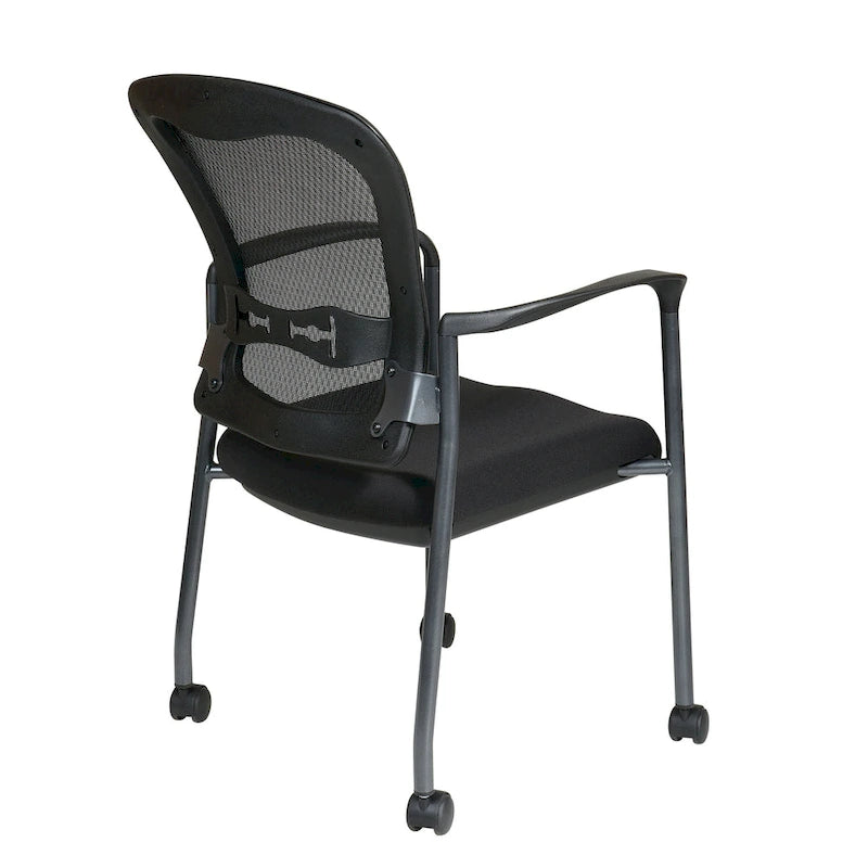 Chaise visiteur empilable en maille noire avec support lombaire et roulettes