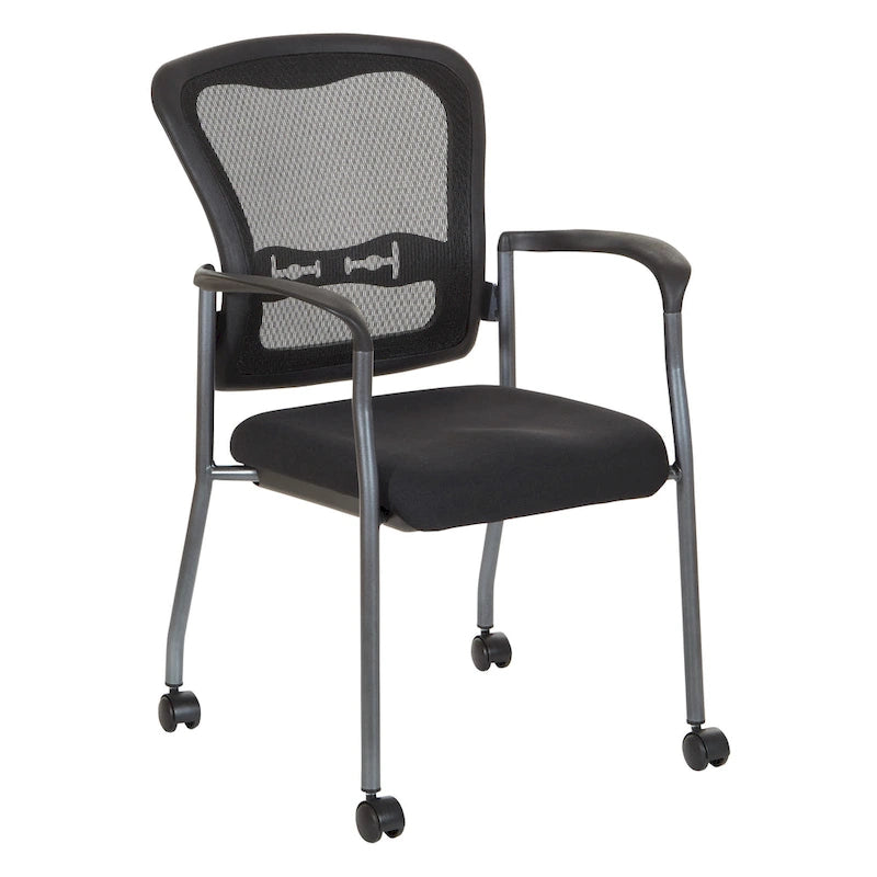 Chaise visiteur empilable en maille noire avec support lombaire et roulettes
