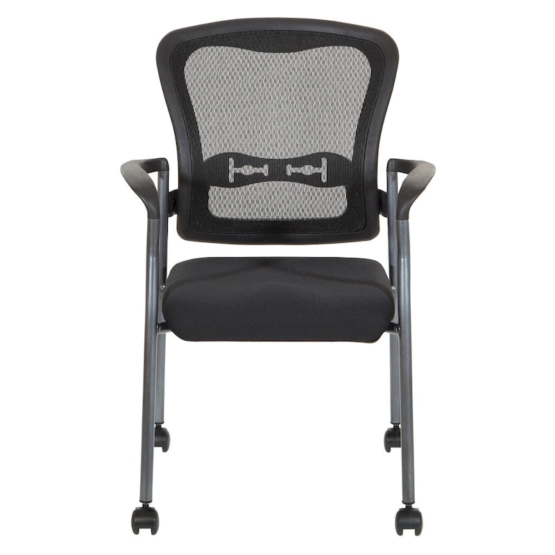 Chaise visiteur empilable en maille noire avec support lombaire et roulettes