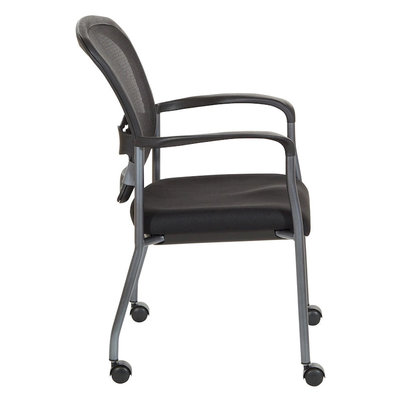 Chaise visiteur empilable en maille noire avec support lombaire et roulettes