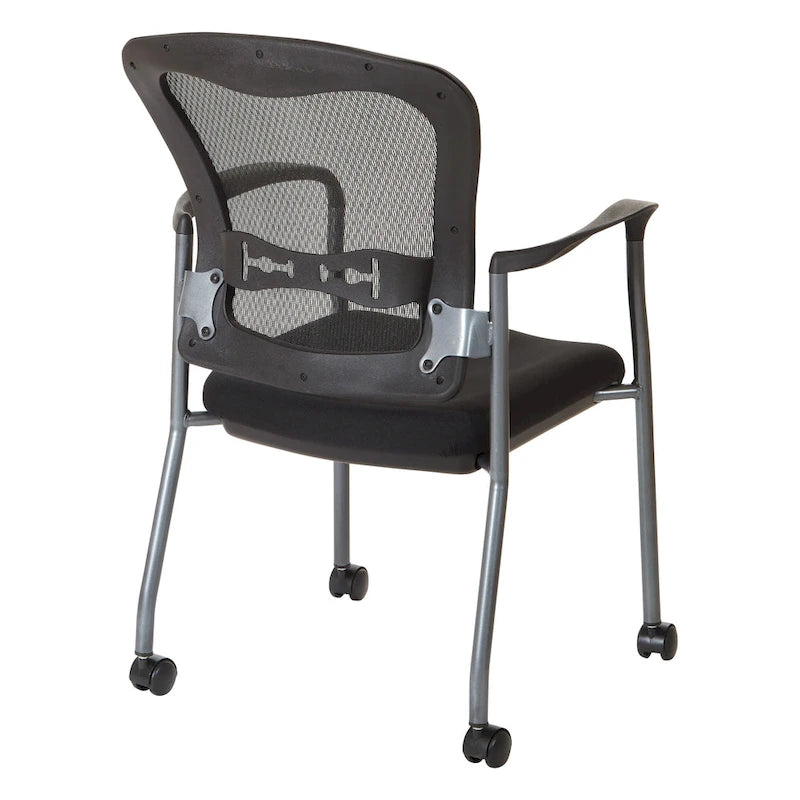 Chaise visiteur empilable en maille noire avec support lombaire et roulettes