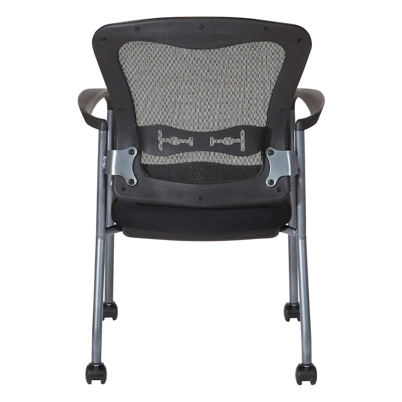 Chaise visiteur empilable en maille noire avec support lombaire et roulettes