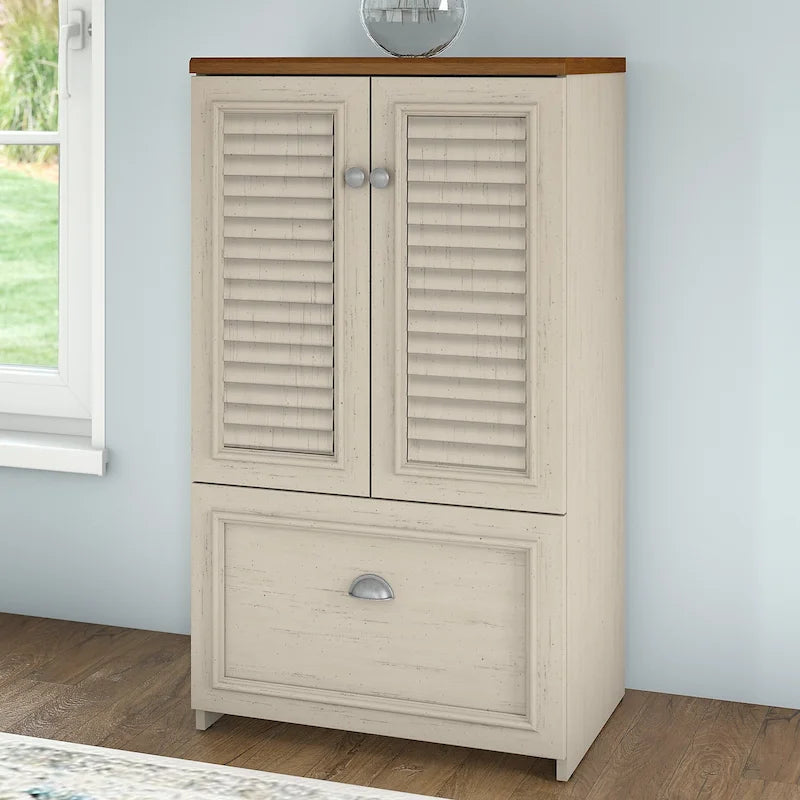 Meuble de rangement de ferme avec portes à persiennes, tiroir classeur, blanc antique