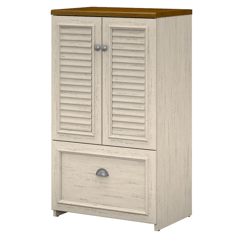 Meuble de rangement de ferme avec portes à persiennes, tiroir classeur, blanc antique