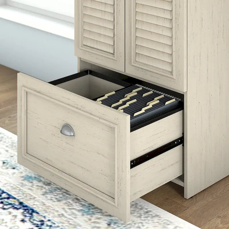 Meuble de rangement de ferme avec portes à persiennes, tiroir classeur, blanc antique