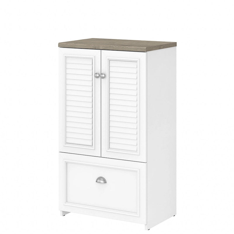 Meuble de rangement de ferme avec portes à persiennes, tiroir classeur, blanc antique