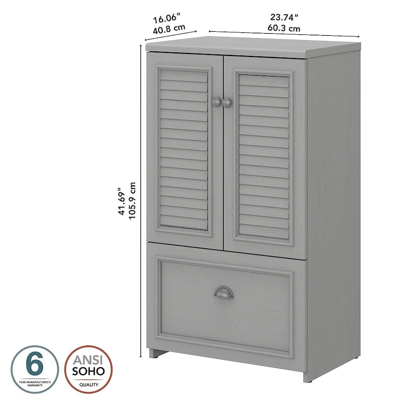 Meuble de rangement de ferme avec portes à persiennes, tiroir classeur, blanc antique