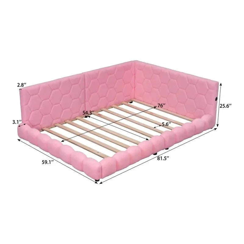 Lit plate-forme capitonné pleine grandeur en tissu Teddy avec lumières LED et ports USB, blanc/rose