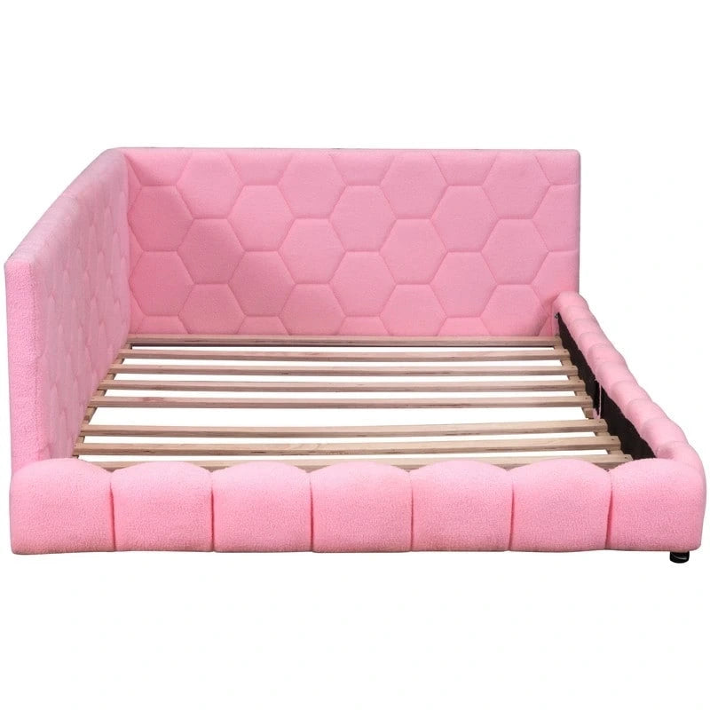 Lit plate-forme capitonné pleine grandeur en tissu Teddy avec lumières LED et ports USB, blanc/rose