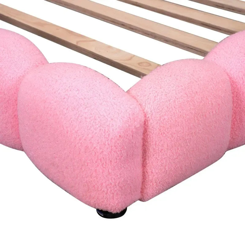 Lit plate-forme capitonné pleine grandeur en tissu Teddy avec lumières LED et ports USB, blanc/rose