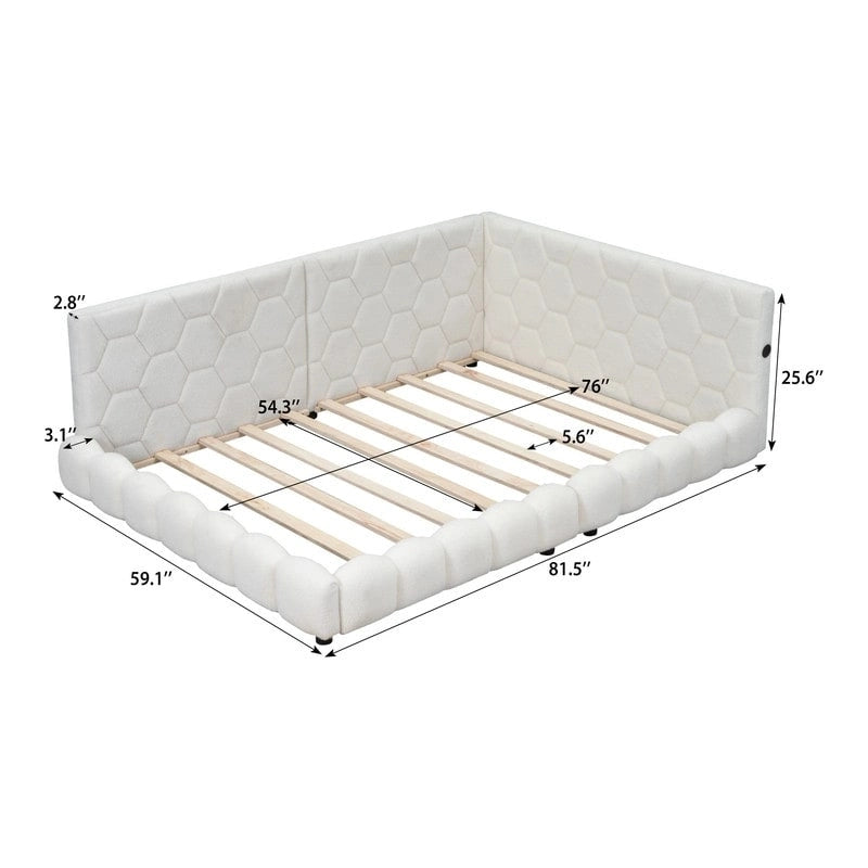 Lit plate-forme capitonné pleine grandeur en tissu Teddy avec lumières LED et ports USB, blanc/rose