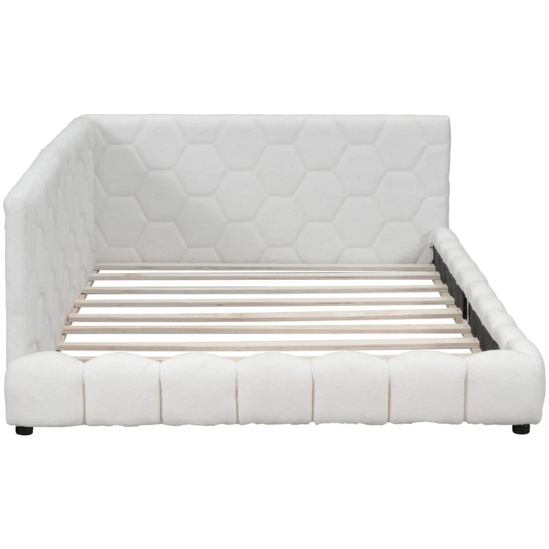 Lit plate-forme capitonné pleine grandeur en tissu Teddy avec lumières LED et ports USB, blanc/rose