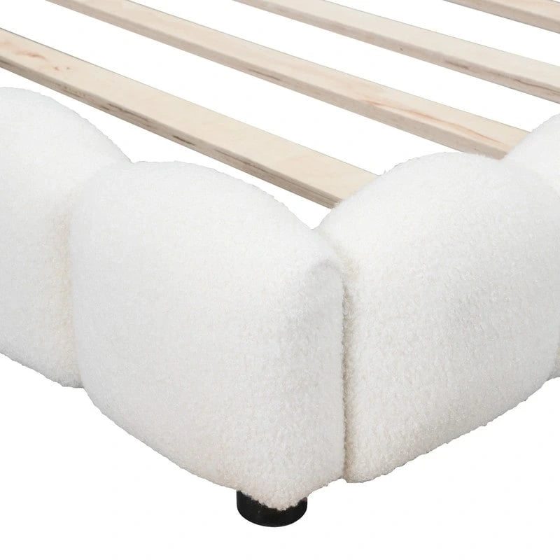 Lit plate-forme capitonné pleine grandeur en tissu Teddy avec lumières LED et ports USB, blanc/rose