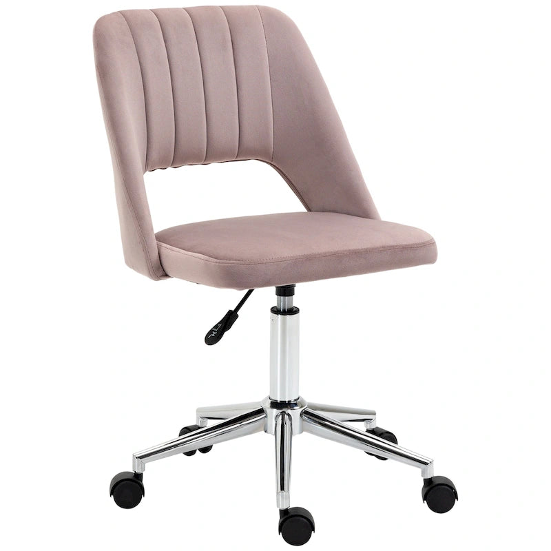 Chaise de bureau pivotante sans accoudoirs en velours à dossier moyen, hauteur réglable, rose