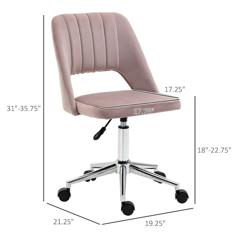 Chaise de bureau pivotante sans accoudoirs en velours à dossier moyen, hauteur réglable, rose
