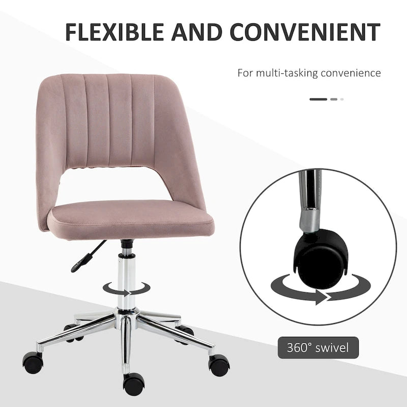 Chaise de bureau pivotante sans accoudoirs en velours à dossier moyen, hauteur réglable, rose