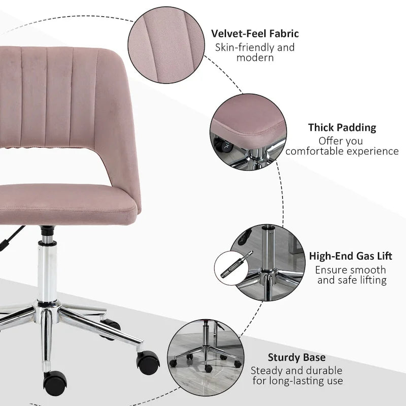 Chaise de bureau pivotante sans accoudoirs en velours à dossier moyen, hauteur réglable, rose